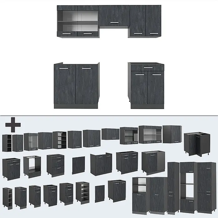 Vicco Küchenzeile R-Line Schwarz Beton/Anthrazit AP Marmor - Breite: 200 cm, Schwarz Beton, Ohne Elektrogeräte - Modulare dunkelgraue Küchenschränke in Steinoptik, mit verschiedenen Ober- und Unterschränken für eine individuelle Küche.