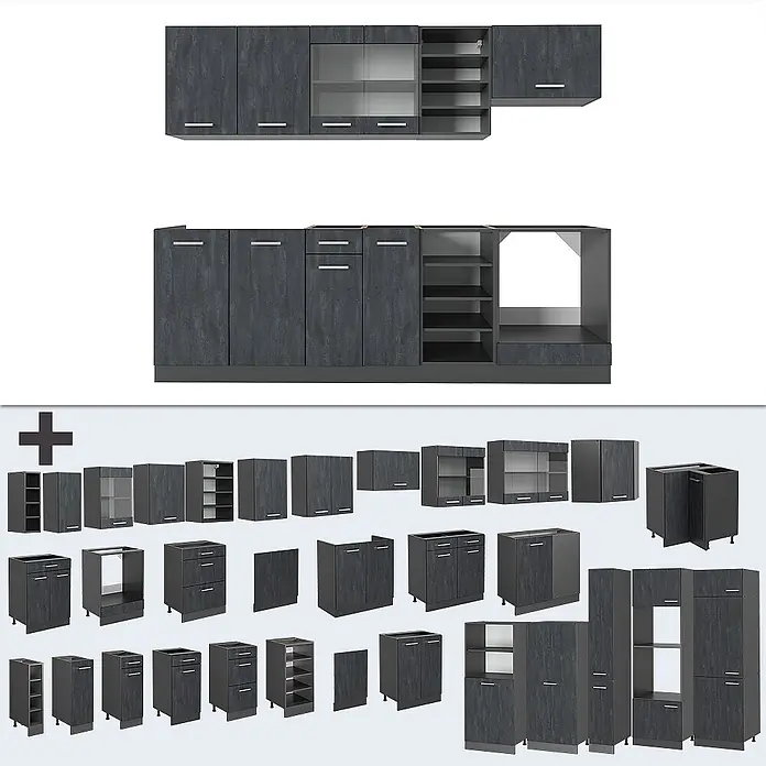 Vicco Küchenzeile R-Line Schwarz Beton/Anthrazit AP Eiche - Breite: 240 cm, Schwarz Beton, Ohne Elektrogeräte - Modulares Küchenschrank-Set in dunkelgrauer Holzoptik, mit verschiedenen Einheiten.