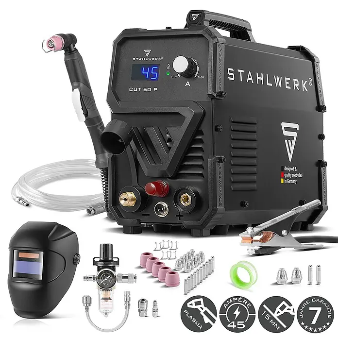 STAHLWERK Plasmaschneider Plasmaschneider CUT 50 ST IGBT Vollausstattung - Schweißstrom: 45 A, 230 V - Schwarzer STAHLWERK Plasmaschneider (CUT 50 P) mit Brenner, Schweißmaske und Schneidezubehör.