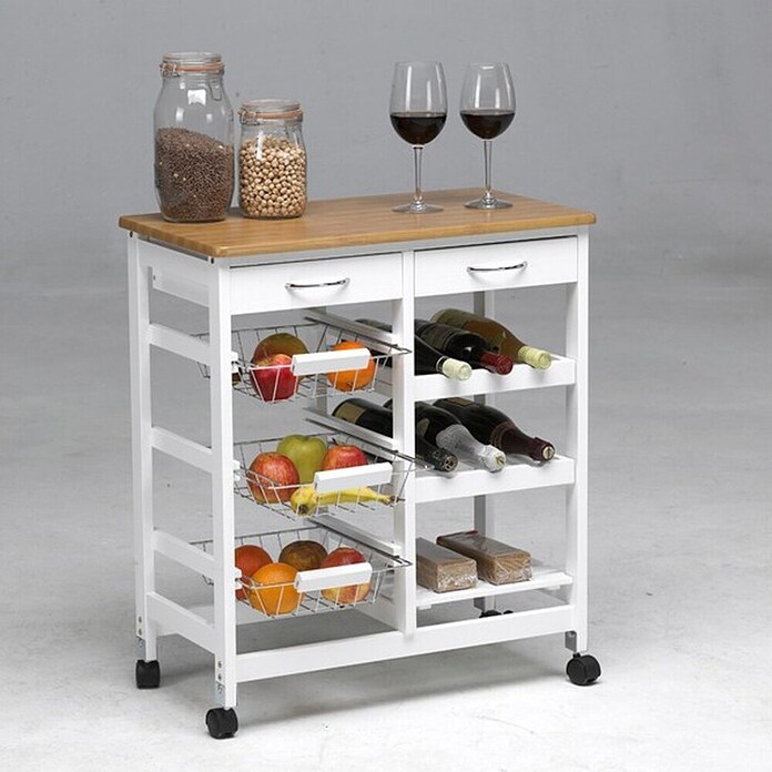Carro de cocina con bandejas (L x An x Al: 37 x 67 x 76 cm, Blanco/Bambú)