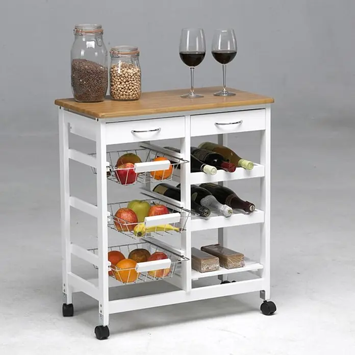 Carro de cocina con bandejas - L x An x Al: 37 x 67 x 76 cm, Blanco/Bambú - Carro de cocina de madera blanco con encimera de madera clara, dos cajones, tres cestas extraíbles para fruta y dos estantes para botellas de vino, con ruedas.