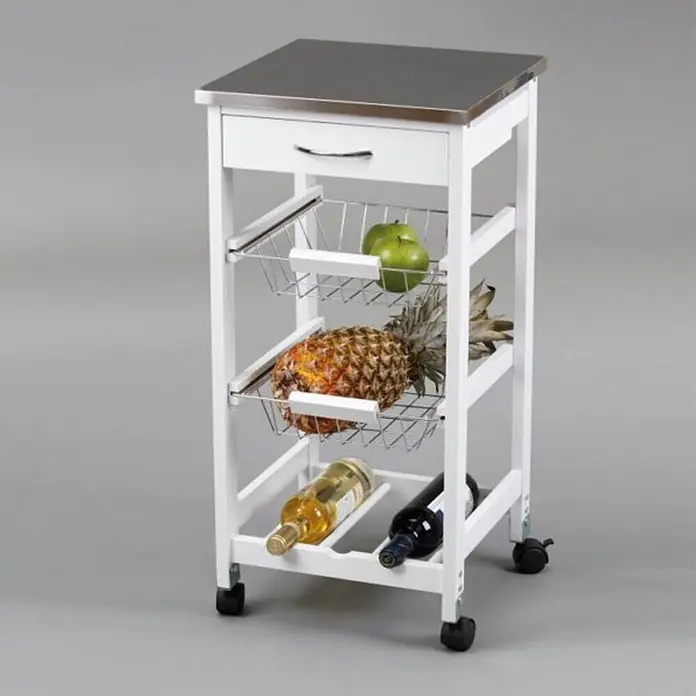 Carro de cocina con bandejas - L x An x Al: 37 x 37 x 76 cm, Blanco/Acero inoxidable - Carro de cocina blanco con encimera de inox, cajón, dos cestas de alambre extraíbles y un botellero, con ruedas.