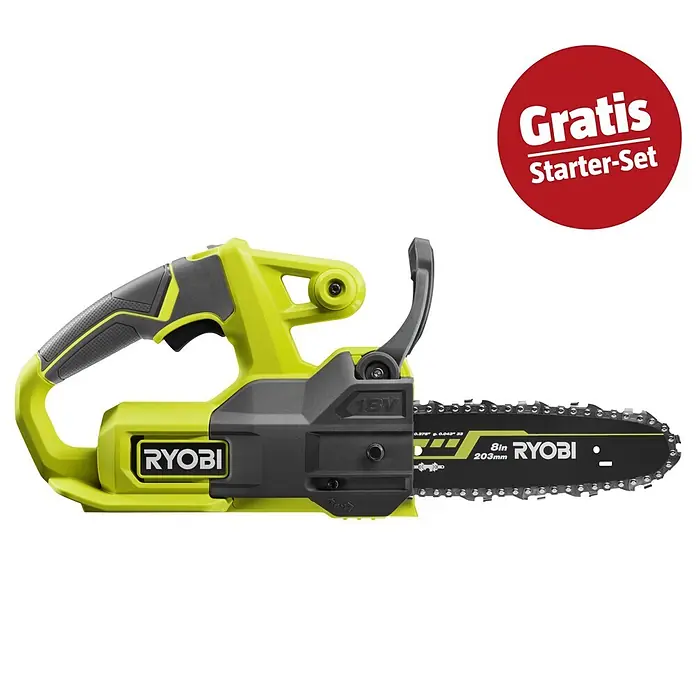 Ryobi ONE+ Maschinenpaket - Akku-Kettensäge RY18CS20A-0,18V, 4 Ah Akku & 2A Ladegerät - Ryobi 18V Akku-Kettensäge in Neongrün und Dunkelgrau mit 203mm Schwert und 'Gratis Starter-Set' Aufkleber.
