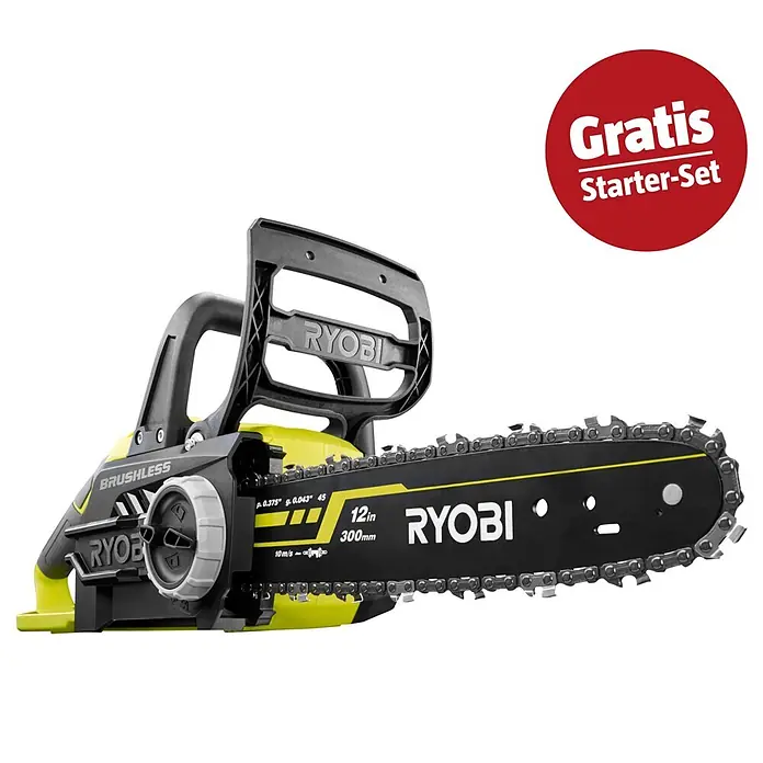 Ryobi ONE+ Maschinenpaket - Akku-Kettensäge ,18V, 4 Ah Akku & 2A Ladegerät - Ryobi bürstenlose Kettensäge in Gelb und Schwarz mit 12 Zoll/300 mm Klinge und 'Gratis Starter-Set' Promotion.