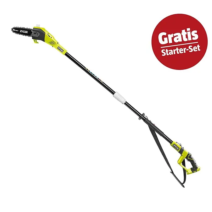 Ryobi ONE+ Maschinenpaket - Akku-Hochentaster OPP 1820,18V, 4 Ah Akku & 2A Ladegerät - Ryobi gelbe und schwarze Hochentaster mit Kettensägekopf und Schultergurt.