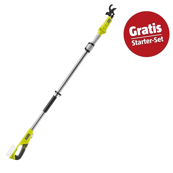 Ryobi ONE+ Maschinenpaket - Akku-Teleskop-Astschere RY18PLA-0,18V, 4 Ah Akku & 2A Ladegerät - Grün-schwarze Ryobi Akku-Astsäge mit ausziehbarem Silberschaft und rotem "Gratis Starter-Set" Emblem.