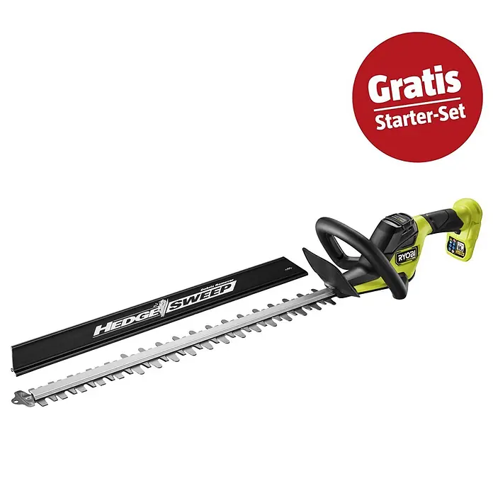 Ryobi ONE+ Maschinenpaket - Akku-Heckenschere RY18HTX60A-0,18V, 4 Ah Akku & 2A Ladegerät - Grüne und schwarze Ryobi Heckenschere mit langer Klinge und 'HEDGE SWEEP' Laubsammler, inklusive 'Gratis Starter-Set' Aktion.