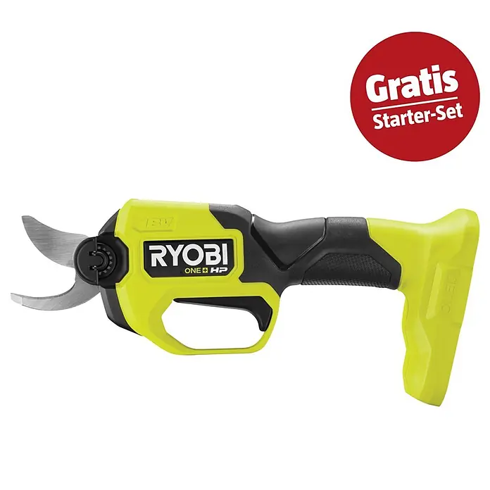 Ryobi ONE+ Maschinenpaket - Akku-Gartenschere RY18SCXA-0,18V, 4 Ah Akku & 2A Ladegerät - Gelbe und schwarze elektrische Ryobi ONE+ HP Astschere mit silbernen Klingen und rotem "Gratis Starter-Set" Hinweis.