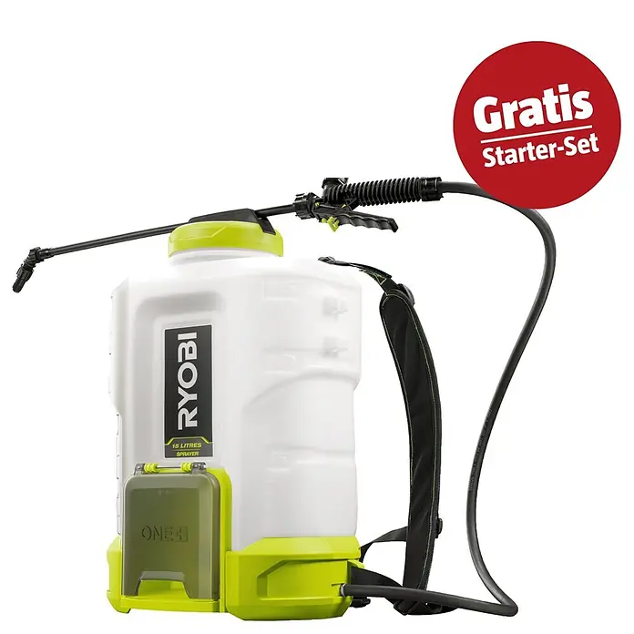 Ryobi ONE+ Maschinenpaket - Akku-Drucksprühgerät 18V RY18BPSB-0,18V, 4 Ah Akku & 2A Ladegerät - Ryobi 15-Liter Rucksack-Sprühgerät in Weiß und Limettengrün mit schwarzen Gurten und Schlauch.