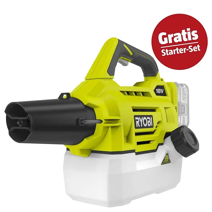 Ryobi ONE+ Maschinenpaket - Akku-Sprühgerät RY18FGA-0,18V, 4 Ah Akku & 2A Ladegerät - Ryobi 18V Akku-Vernebler in Lindgrün und Schwarz, mit weißem, durchscheinendem Tank.