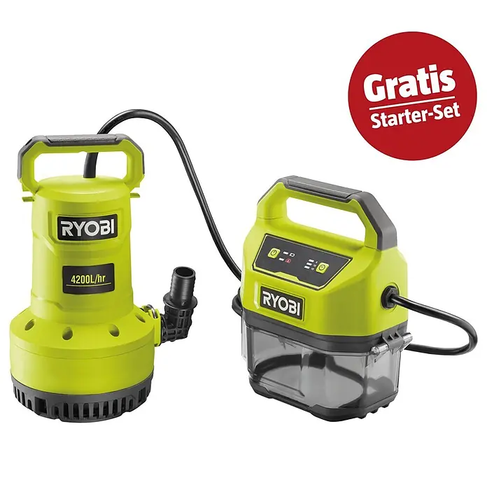 Ryobi ONE+ Schmutzwasserpumpe - Schmutzwasserpumpe ,18V, 4 Ah Akku & 2A Ladegerät - Ryobi limettengrüne Tauchpumpe (4200L/h) und angeschlossenes Stromaggregat mit Schlauch, plus 'Gratis Starter-Set'.