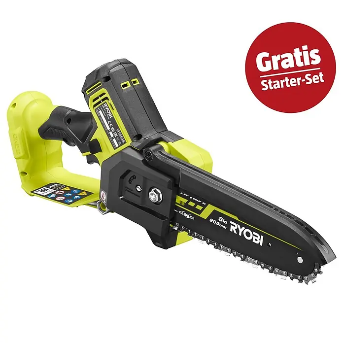 Ryobi ONE+ Maschinenpaket - Akku-Astsäge RY18PSX20A-0,18V, 4 Ah Akku & 2A Ladegerät - Ryobi 18V Akku-Kettensäge in Limettengrün/Schwarz mit 203mm Schwert und "Gratis Starter-Set" Aufkleber.
