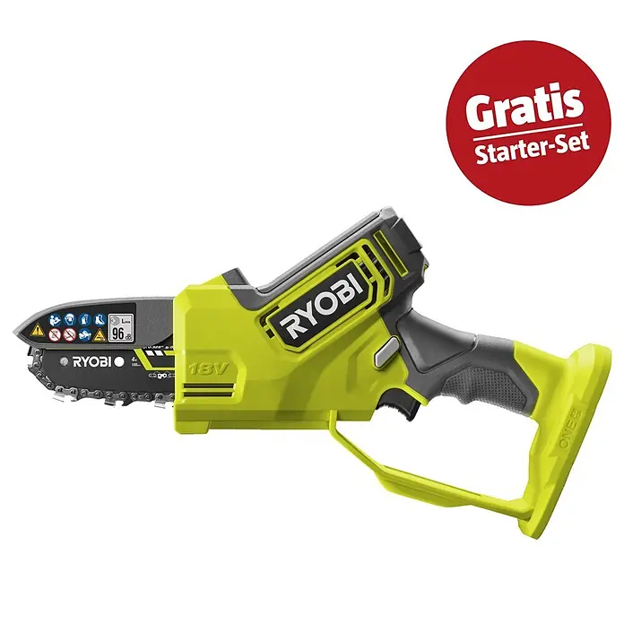 Ryobi ONE+ Maschinenpaket - Akku-Astsäge RY18PSX10A-0,18V, 4 Ah Akku & 2A Ladegerät - Ryobi 18V grüne und graue Mini-Kettensäge mit rotem "Gratis Starter-Set" Aufkleber, ideal zum Beschneiden von Ästen.