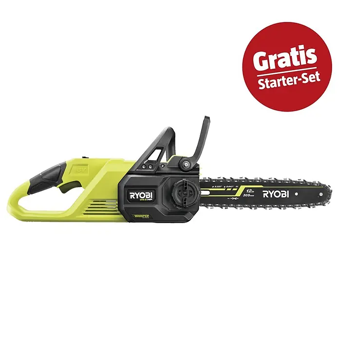 Ryobi ONE+ Maschinenpaket - Akku-Kettensäge RY18CSX30A-0,18V, 4 Ah Akku & 2A Ladegerät - Grüne Ryobi 18V Akku-Kettensäge (305mm Schwert) mit "Gratis Starter-Set" Sticker.