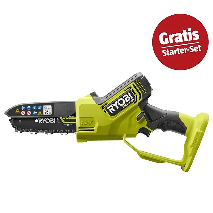 Ryobi ONE+ Maschinenpaket - Akku-Astsäge RY18PSX15A-0,18V, 4 Ah Akku & 2A Ladegerät - Ryobi 18V Mini-Kettensäge, grün-schwarz, 152mm Schwert, integrierter Griff, rotes "Gratis Starter-Set" Zeichen.