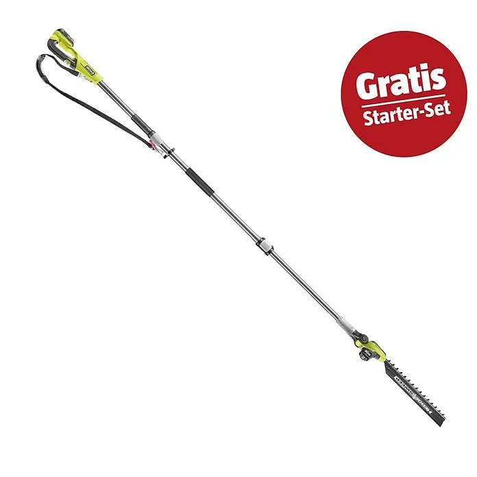 Ryobi ONE+ Maschinenpaket - Teleskop-Heckenschere RY18PHTX45A,18V, 4 Ah Akku & 2A Ladegerät - Gelbe und silberne Teleskop-Heckenschere mit schwarzer Klinge und „Gratis Starter-Set“ Etikett.