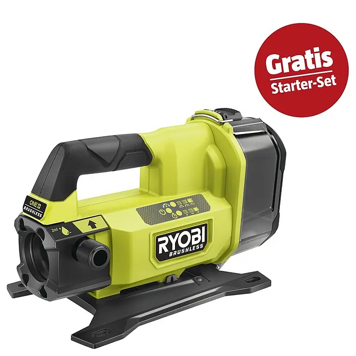 Ryobi ONE+ Maschinenpaket - Akku-Gartenpumpe RY18TPXA,18V, 4 Ah Akku & 2A Ladegerät - Grüne und schwarze Ryobi ONE+ Brushless Wasserpumpe mit rotem "Gratis Starter-Set" Aufkleber.