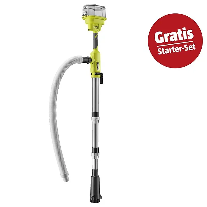 Ryobi ONE+ Maschinenpaket - Akku-Regenfasspumpe RY18STPA-0,18V, 4 Ah Akku & 2A Ladegerät - Gelbe und silberne Ryobi Tauchpumpe mit weißem Schlauch und rotem 'Gratis Starter-Set' Abzeichen.