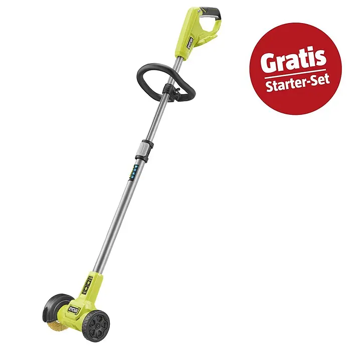 Ryobi ONE+ Maschinenpaket - Akku-Fugenreiniger RY18PCC-0,18V, 4 Ah Akku & 2A Ladegerät - Grün-graue Ryobi Akku-Fugenbürste mit Rädern, D-Griff und ergonomischem Griff, plus "Gratis Starter-Set"-Badge.