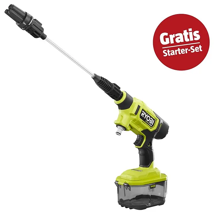 Ryobi ONE+ Maschinenpaket - Akku-Hochdruckreiniger RY18PWX41A-0,18V, 4 Ah Akku & 2A Ladegerät - Grüner und schwarzer Ryobi Akku-Hochdruckreiniger mit Metalllanze, schwarzer Düse, transparentem Wassertank. Roter 'Gratis Starter-Set' Aufkleber.