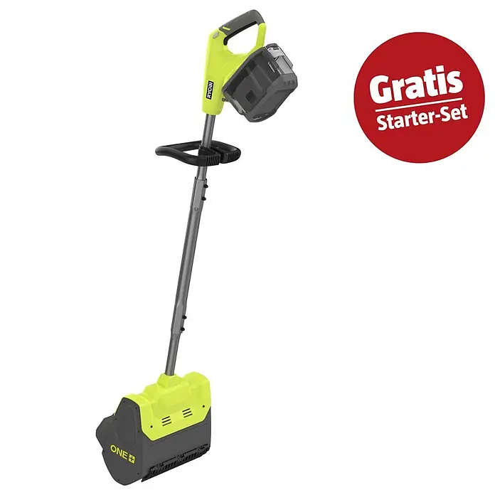 Ryobi ONE+ Maschinenpaket - Akku-Schneefräse RY18ST25A-0,18V, 4 Ah Akku & 2A Ladegerät - Grüne und graue Ryobi Akku-Schneeschaufel mit rotem "Gratis Starter-Set" Hinweis.