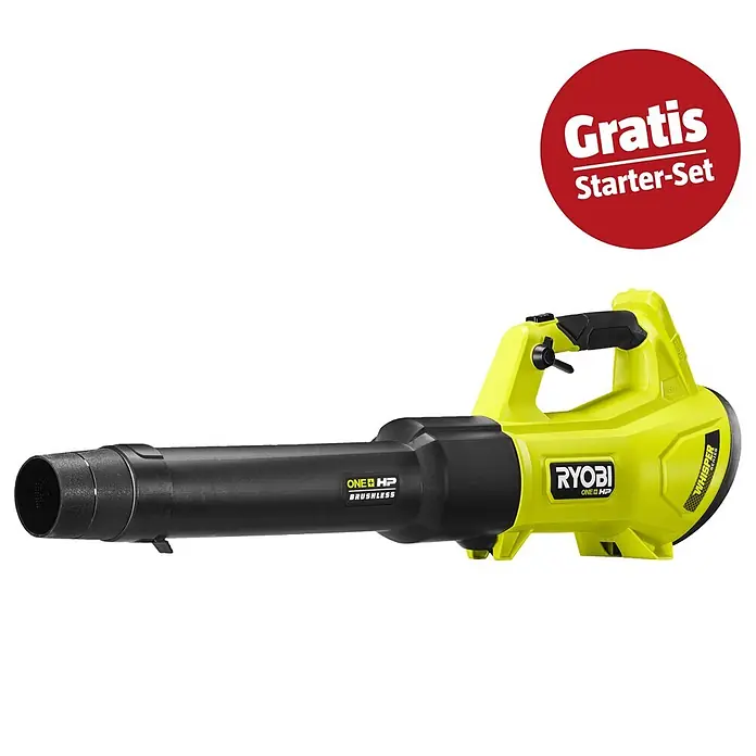 Ryobi ONE+ Maschinenpaket - Akku-Laubbläser RY18BLXD-0 Whisper,18V, 4 Ah Akku & 2A Ladegerät - Limettengrüner und schwarzer Ryobi ONE+ HP Brushless Laubbläser mit rotem 'Gratis Starter-Set' Aufkleber.