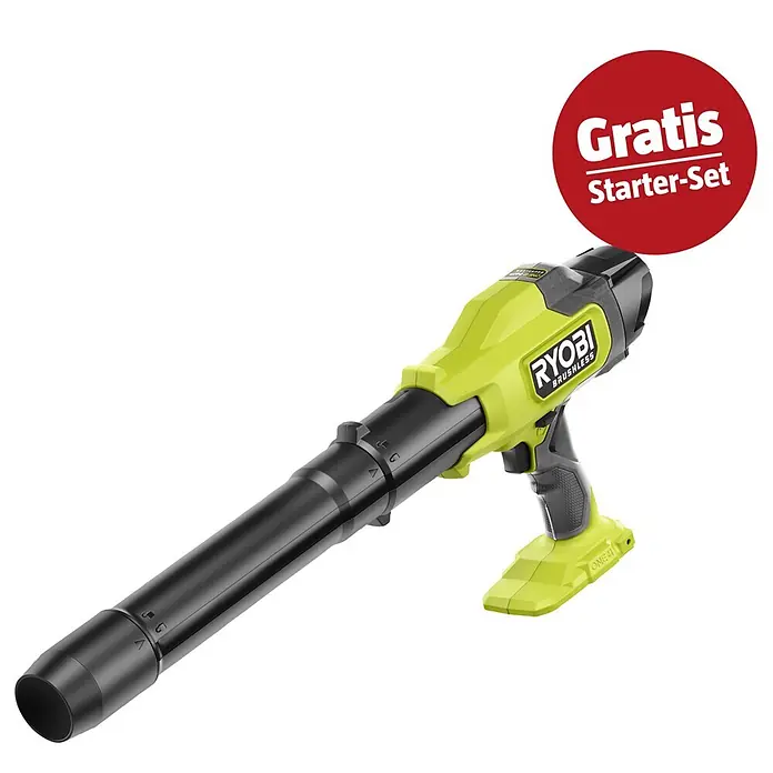 Ryobi ONE+ Maschinenpaket - Akku-Laubbläser RY18BLCXA-0,18V, 4 Ah Akku & 2A Ladegerät - Ryobi Akku-Laubbläser in Limettengrün und Schwarz, mit "Gratis Starter-Set" Aktion.