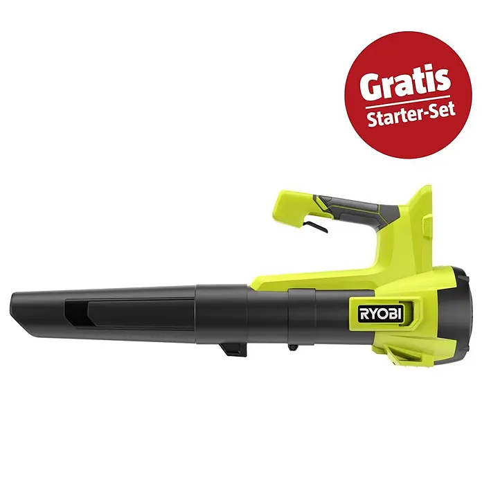 Ryobi ONE+ Maschinenpaket - Akku-Gebläse RY18BLB-0,18V, 4 Ah Akku & 2A Ladegerät - Grünes und schwarzes Ryobi Laubblasgerät mit rotem 'Gratis Starter-Set' Etikett für die Gartenreinigung.