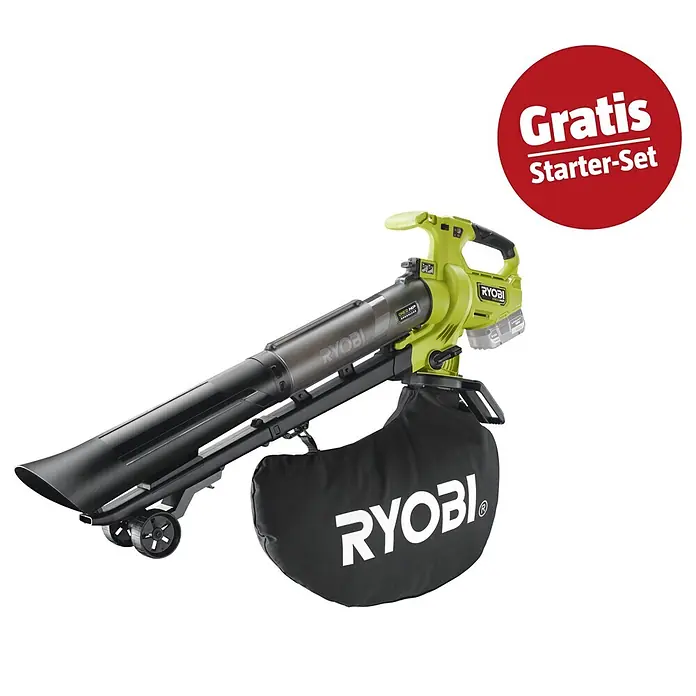 Ryobi ONE+ Maschinenpaket - Akku-Laubsauger & -Laubbläser RY18BVXA-0,18V, 4 Ah Akku & 2A Ladegerät - Grüner und schwarzer Ryobi Laubbläser/Sauger mit Akku, Fangsack und rotem 'Gratis Starter-Set' Aufkleber.