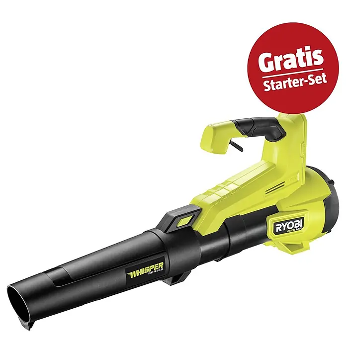 Ryobi ONE+ Maschinenpaket - Akku-Laubbläser RY18BLXC-0,18V, 4 Ah Akku & 2A Ladegerät - Ryobi Whisper Series Akku-Laubbläser in Limettengrün und Schwarz, mit 'Gratis Starter-Set' Plakette.