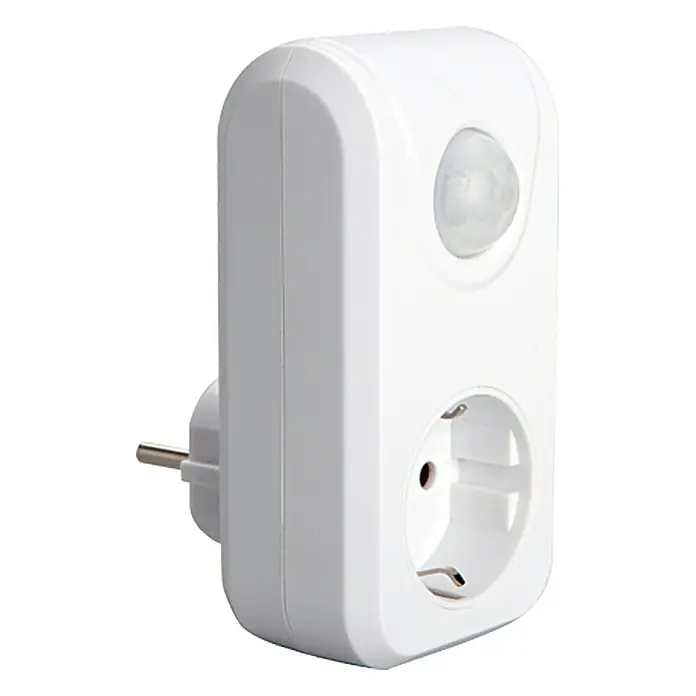 Voltomat Zwischenstecker - Bewegungsmelder, Max. Anschlussleistung: 3.680 W - Steckdose mit Bewegungsmelder. Das Gerät ist weiß und hat einen EU-Stecker. Es verfügt über einen Sensor und eine Steckdose.