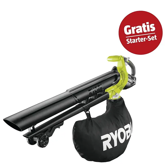 Ryobi ONE+ Maschinenpaket - Akku-Laubsauger OBV18,18V, 4 Ah Akku & 2A Ladegerät - Schwarzer und lindgrüner Ryobi Laubbläser/Sauger mit Fangbeutel und Rollen, mit "Gratis Starter-Set" Emblem.