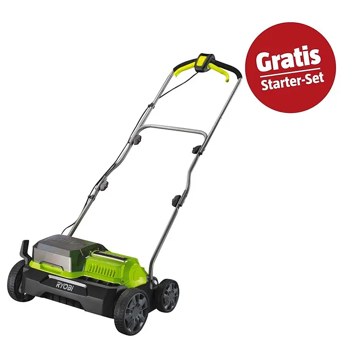 Ryobi ONE+ Maschinenpaket - Akku-Vertikutierer RY18SFX35A-0,18V, 4 Ah Akku & 2A Ladegerät - Ryobi grüner und schwarzer Akku-Rasenmäher mit grauem Griff. Inklusive „Gratis Starter-Set“ Angebot.