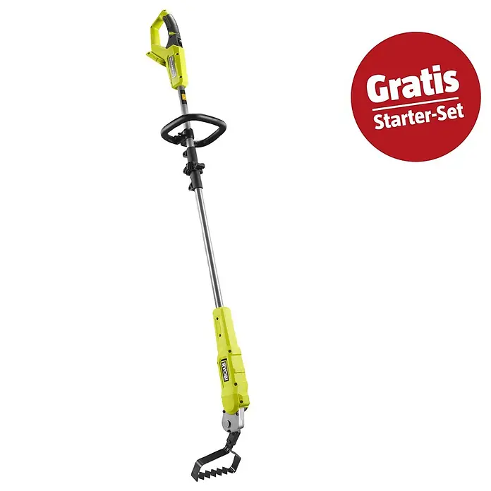 Ryobi ONE+ Maschinenpaket - Akku-Bodenhacke RY18GHA,18V, 4 Ah Akku & 2A Ladegerät - Grüner und grauer Ryobi Akku-Kultivator mit langem Stiel, Bodenfräse und rotem "Gratis Starter-Set"-Aufkleber.