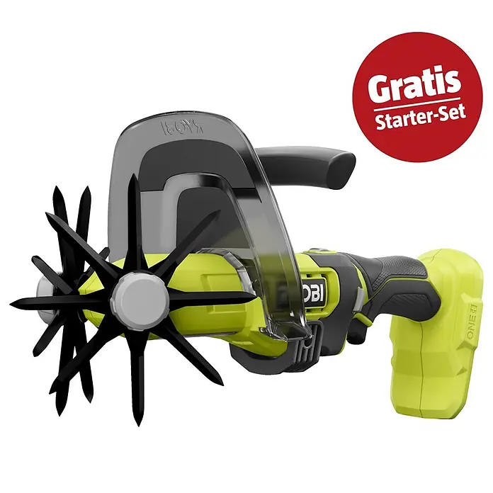 Ryobi ONE+ Maschinenpaket - Akku-Bodenhacke RY18HCA-0,18V, 4 Ah Akku & 2A Ladegerät - Hellgrüner und schwarzer Akku-Gartenkultivator mit Sternzinken, klarer Schutzhaube und „Gratis Starter-Set“-Label.