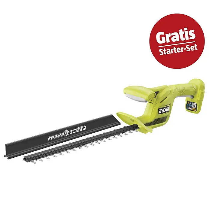 Ryobi ONE+ Maschinenpaket - Akku-Heckenschere RY18HT40B-0,18V, 4 Ah Akku & 2A Ladegerät - Gelbe und schwarze Ryobi Akku-Heckenschere mit Hedge Sweep Laubsammler und Gratis Starter-Set.