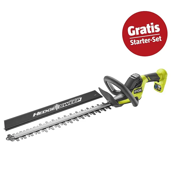 Ryobi ONE+ Maschinenpaket - Akku-Heckenschere RY18HT45A-0,18V, 4 Ah Akku & 2A Ladegerät - Eine grün-schwarze Ryobi 18V Akku-Heckenschere mit scharfen Klingen, einer "HEDGE SWEEP Debris Remover" Leiste und einem roten "Gratis Starter-Set" Abzeichen.