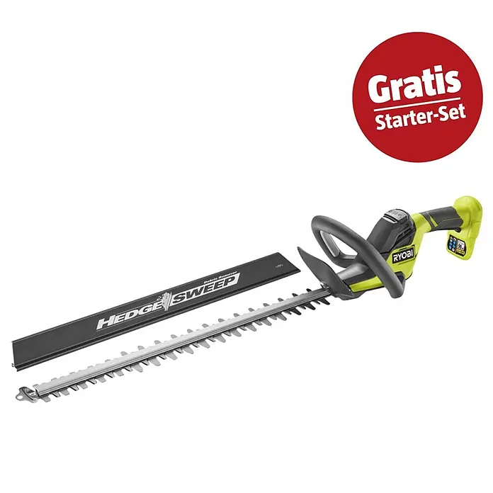 Ryobi ONE+ Maschinenpaket - Akku-Heckenschere RY18HT55A-0,18V, 4 Ah Akku & 2A Ladegerät - Grün-schwarze Ryobi Heckenschere mit silbernen Klingen und "Hedge Sweep" Laubrechen-Aufsatz.