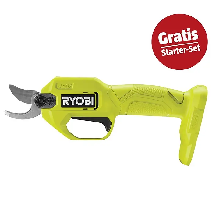 Ryobi ONE+ Maschinenpaket - Akku-Gartenschere RY18SCA-0,18V, 4 Ah Akku & 2A Ladegerät - Gelbe Ryobi 18V Akku-Astschere mit rotem "Gratis Starter-Set" Aufkleber.