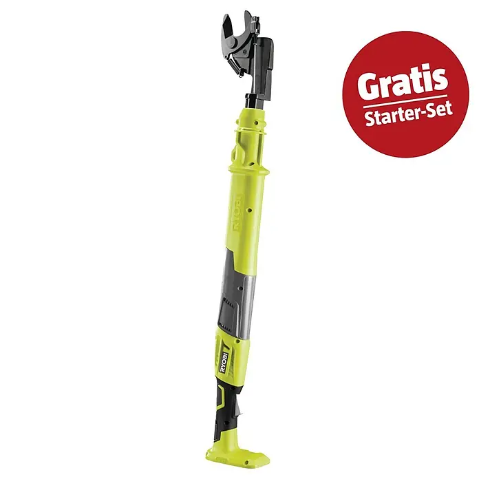 Ryobi ONE+ Maschinenpaket - Akku-Astschere OLP1832BX,18V, 4 Ah Akku & 2A Ladegerät - Limettengrüner und dunkelgrauer Akku-Hochentaster mit „Gratis Starter-Set“-Abzeichen.