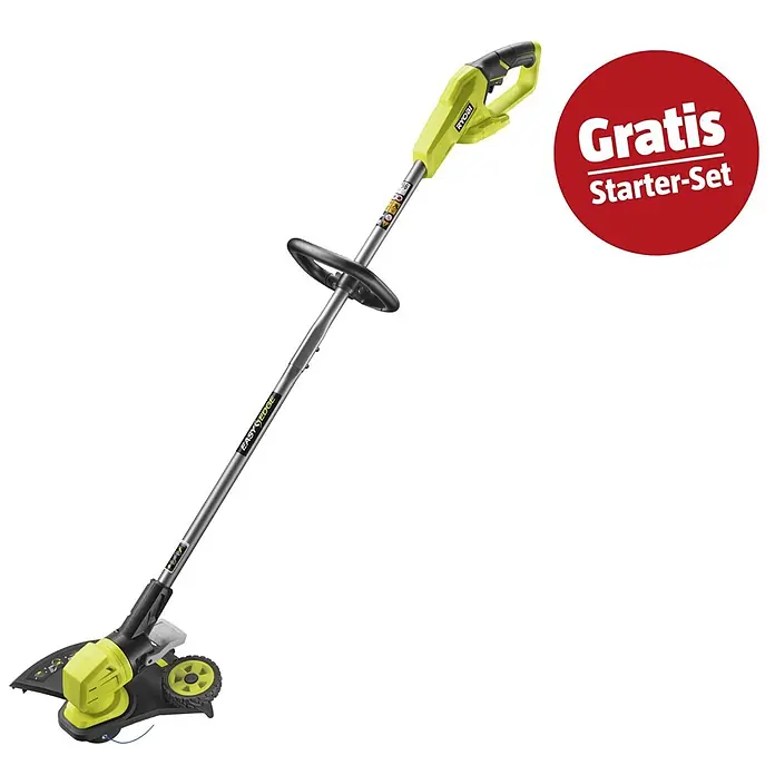 Ryobi ONE+ Maschinenpaket - Akku-Rasentrimmer RY18LT33A,18V, 4 Ah Akku & 2A Ladegerät - Grüner und schwarzer Ryobi Akku-Rasentrimmer mit Rädern und silbernem Schaft.