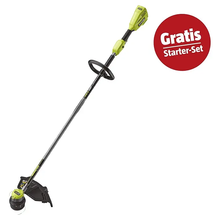 Ryobi ONE+ Maschinenpaket - Akku-Rasentrimmer RY18LTX38A-0,18V, 4 Ah Akku & 2A Ladegerät - Ryobi ONE+ HP Brushless Whisper Series Akku-Rasentrimmer in Limettengrün und Schwarz, mit rotem "Gratis Starter-Set" Abzeichen.