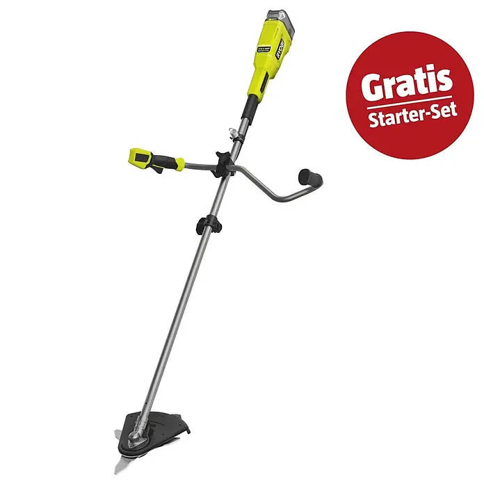 Ryobi ONE+ Maschinenpaket - Akku-Freischneider RY18BCX26A-0,18V, 4 Ah Akku & 2A Ladegerät - Limettengrüner und grauer Ryobi Akku-Rasentrimmer mit langem Schaft, verstellbarem Griff, Schneidkopf und einem roten 'Gratis Starter-Set' Etikett.