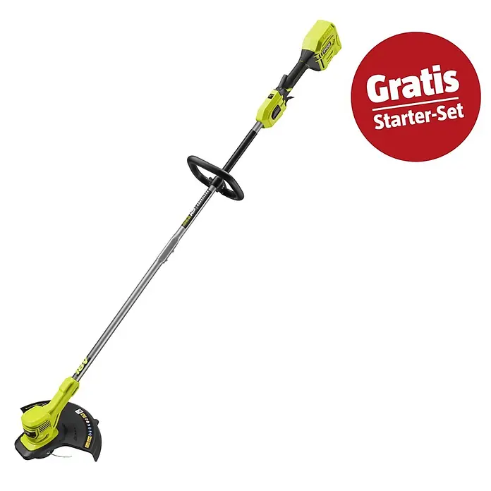 Ryobi ONE+ Maschinenpaket - Akku-Rasentrimmer RY18LTX33A-0,18V, 4 Ah Akku & 2A Ladegerät - Ein limettengrüner und schwarzer Akku-Rasentrimmer mit einem roten "Gratis Starter-Set" Overlay.