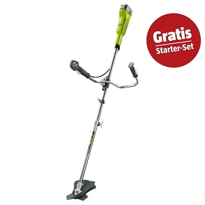 Ryobi ONE+ Maschinenpaket - Akku-Motorsense OBC1820B,18V, 4 Ah Akku & 2A Ladegerät - Grüne und silberne Akku-Motorsense mit Klinge und Lenker. Roter Kreis bewirbt 'Gratis Starter-Set'.