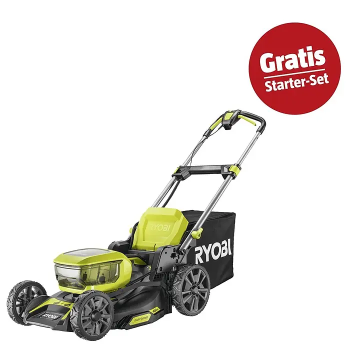 Ryobi ONE+ Maschinenpaket - Akku-Rasenmäher RY18LMX46A-0,18V, 4 Ah Akku & 2A Ladegerät - Grün-schwarzer Ryobi Akku-Rasenmäher mit Fangkorb und rotem "Gratis Starter-Set" Abzeichen.