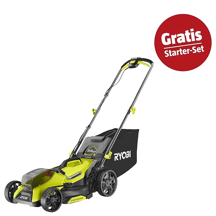Ryobi ONE+ Maschinenpaket - Akku-Rasenmäher RY18LMX33A-0,18V, 4 Ah Akku & 2A Ladegerät - Ryobi Akku-Rasenmäher in Grün und Schwarz, 33cm Schnittbreite, mit Fangkorb und "Gratis Starter-Set" Aufkleber.