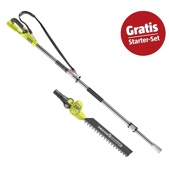 Ryobi ONE+ Maschinenpaket - Teleskop-Heckenschere RY18PHT40A-0,18V, 4 Ah Akku & 2A Ladegerät - Grüner und schwarzer Ryobi Akku-Stielheckenschneider mit abnehmbarem Kopf, gezeigt mit roter "Gratis Starter-Set" Aktion.