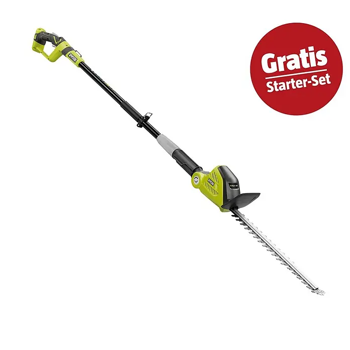 Ryobi ONE+ Maschinenpaket - Teleskop-Heckenschere OPT1845,18V, 4 Ah Akku & 2A Ladegerät - Ryobi Langstiel-Heckenschere mit grün-schwarzem Griff, langem Teleskopstiel und abgewinkeltem silbernen Schneidblatt für hohe Hecken.