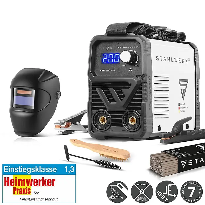 STAHLWERK Elektrodenschweißgerät ARC 200 MD - DC Vollausstattung - Schweißstrom: 200 A, 230 V - Schwarz-weißes Stahlwerk ARC 200 MD Schweißgerät mit Schweißhelm und Zubehör.